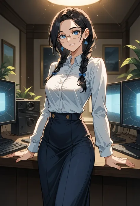 1 girl 26 years old, sexy, beautiful facial features, black hair, two braids, blue eyes, glasses, fashionable outfit, skirt, ear...