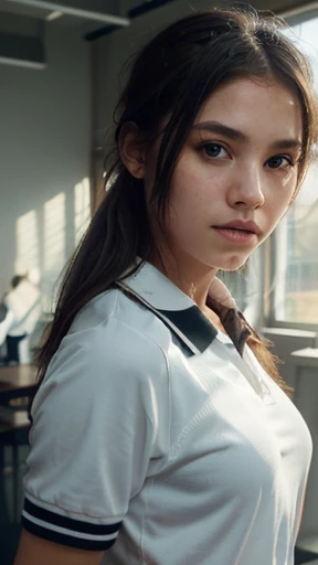 1 girl, portrait photo by re4ashley, athletic, black school uniform, White shirt, classroom, volumetric lighting, Best Quality, masterpiece, intricate details, tone mapping, sharp focus, hyper detailed, trend in artstation, realist, 