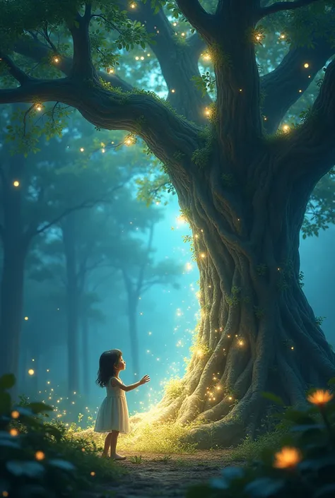 Lily touching the trunk of the Magic Tree, with a bright, intense glow emanating from the tree. Sparkling lights fill the air, creating a magical and enchanting atmosphere.