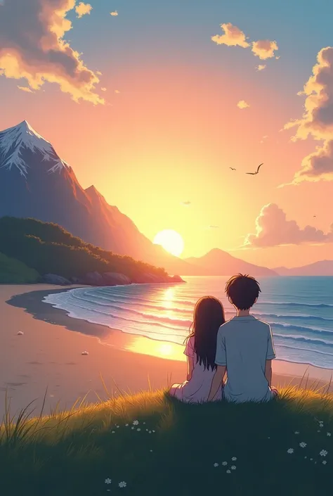 A couple watching the sunset towards a beach sitting in the mountain anime style in  16:9 ratio