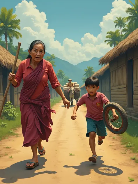 Burmese rural customs, the atmosphere of a rural village, a mother over 40 years old is chasing her son with a stick, her son is running along the village road, there are rows of thatched houses in the surrounding area, a farmer is loading rice on a bulloc...