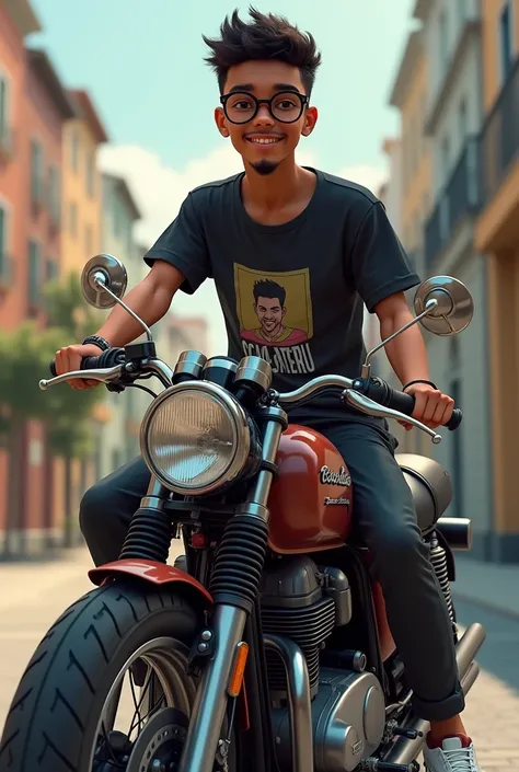 A 16 yrs old boy with beared and mustache, french crop hair, a round shaped glass, brown shin, black Gojo Satoru T-shirt, with cargo pant and white sneakers, smiling with attitude, sitting on a continental gt 650,realistic 