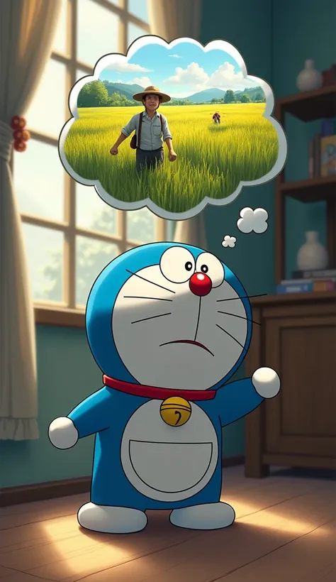 Doraemon sat in the room, reflecting on the unexpected and memorable adventure., 
Create a thought cloud  ( The farmer is harvesting rice.)