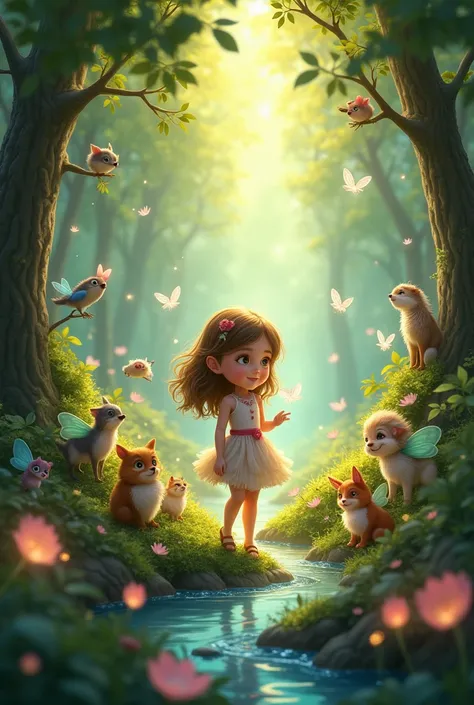 Lily interacting with friendly forest creatures, such as fairies, talking animals, and mystical beings. The creatures are showing her around, and there are scenes of teamwork and joy.