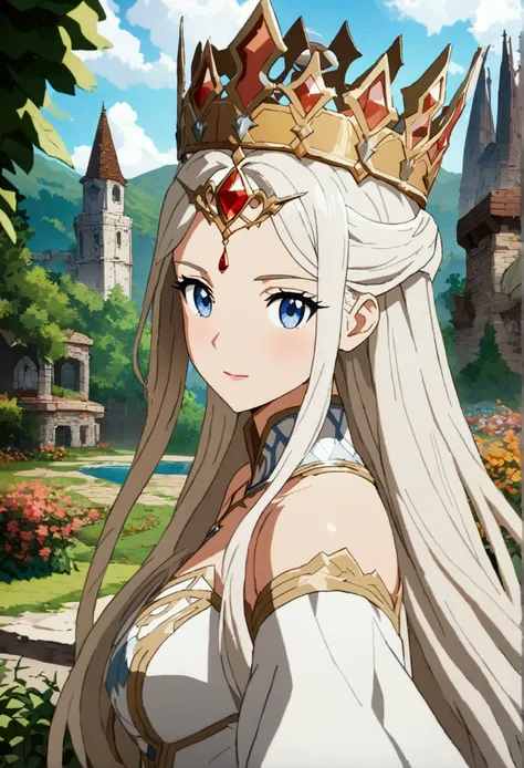 There is a woman in a white dress with a crown on her head, a beautiful fantasy queen, ((beautiful fantasy queen)), a portrait of a princess, a work of art in the Guvez style. 5D CGI anime fantasy artwork, 8K high quality detail art  