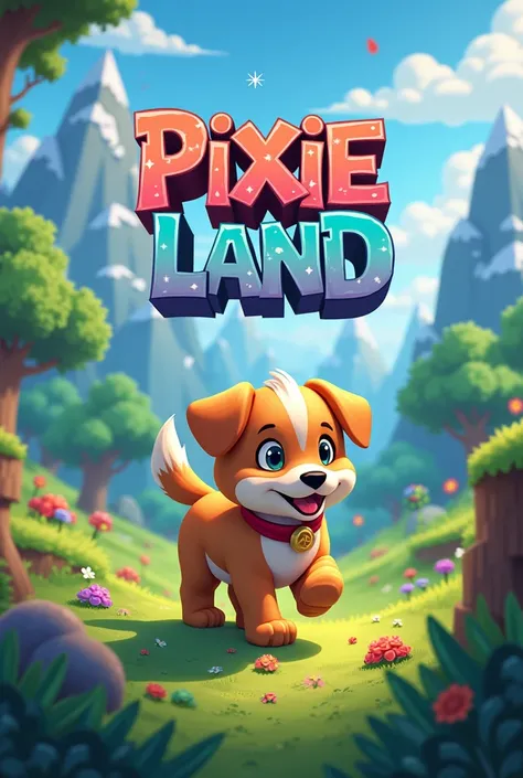 IMAGE THAT SAYS PIXIE LAND WITH Minecraft THEME and with a Puppy 


