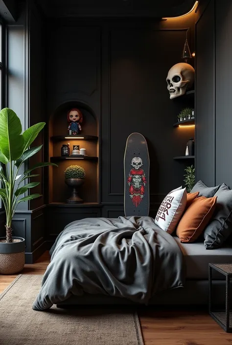 Luxury room with black walls and wood-look vinyl flooring, With a medium-sized skateboard leaning against the wall next to a cushioned bed with large pillows, with a small gray alien mask and a shelf with two plants, a methamphetamine pipe, and a Chucky si...