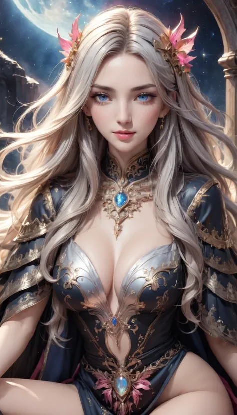 (((NSFW:1.5))),8K resolution, masterpiece, Highest quality, Award-winning works, unrealistic, From above, erotic, sole sexy lady, healthy shaped body, 22 years old, black mage, 165cm tall, huge firm bouncing busts,, white silver long wavy hair, Detailed fa...