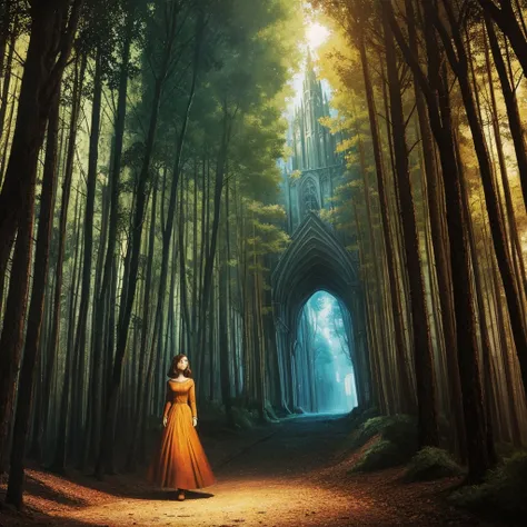 golden hour, paranormal activities, surreal portrait of a beautiful scared young woman with face of Audrey Hepburn morphed with Anne Hathaway screaming running away from taxes and dancing, colorful forrest with weird trees, cathedral, bambus pipe organ, gi...