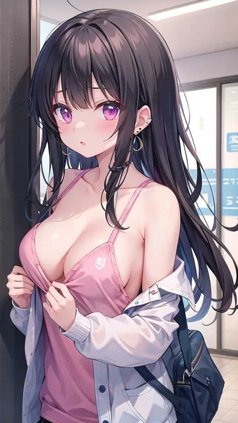 Rika Igarashi is wearing a shirt。And the shirt is partially off, open in the front, revealing her chest。
sheは黒のショートボブヘアを持っています,and the inner one is pink。
her right ear is exposed and it has an earring in her left ear, it has an industrial look that
sometim...