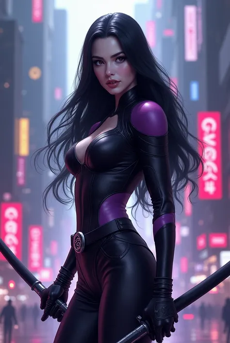 Beautiful woman, anti hero wearing black and purple uniform, laser katana sword in hand, white skin, long black hair, portrait, Jeff Bridges, ((cartoon style)), Marvel Cinematic Universe style, (((cyberpunk city in the background))), soft bokeh of futurist...