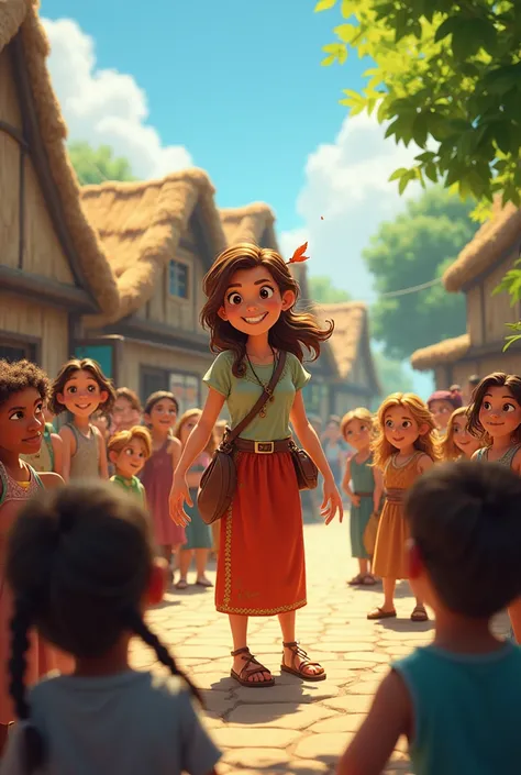 Lily returning to the village, excitedly sharing her adventure with the villagers. The villagers are listening attentively, and there is a sense of unity and happiness in the air.