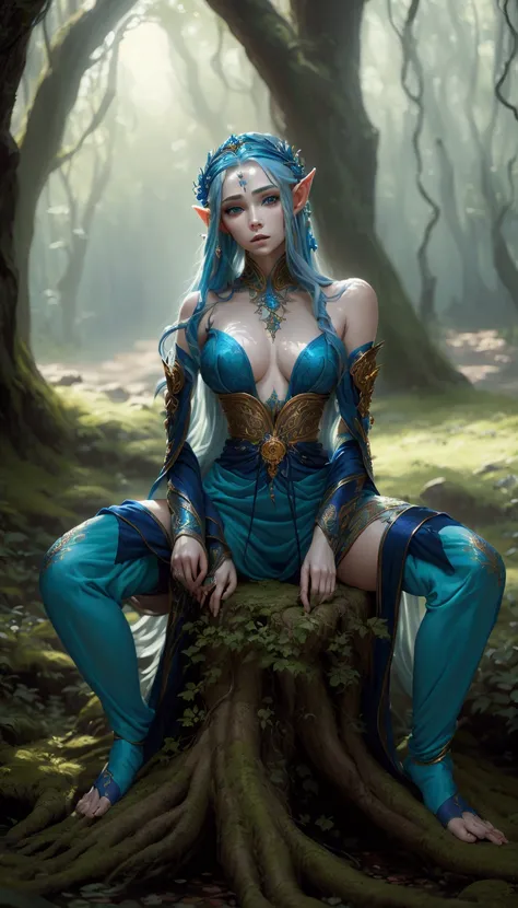 a beautiful elf with long blue hair, detailed face, porcelain skin, delicate features, intricate headdress, flowing blue robes, ethereal pose, fantasy forest background, warm lighting, dramatic shadows, vibrant colors, highly detailed, masterpiece, digital...