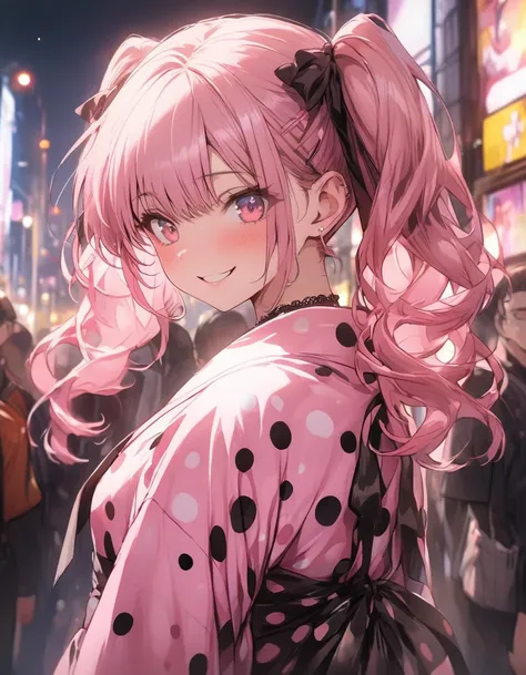 masterpiece、girl、Pink hair、twin tail、wear a  Black ribbon, Polka dot dress、smile、Focus on the face,  urban background