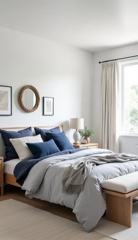 A modern bedroom with subtle nautical touches. The walls are freshly painted white, complementing a soft grey bed with navy blue accent linens. Nautical decor includes a small rope mirror and framed navigation charts, adding hints of coastal living without...