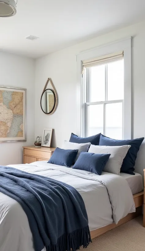 A modern bedroom with subtle nautical touches. The walls are freshly painted white, complementing a soft grey bed with navy blue accent linens. Nautical decor includes a small rope mirror and framed navigation charts, adding hints of coastal living without...