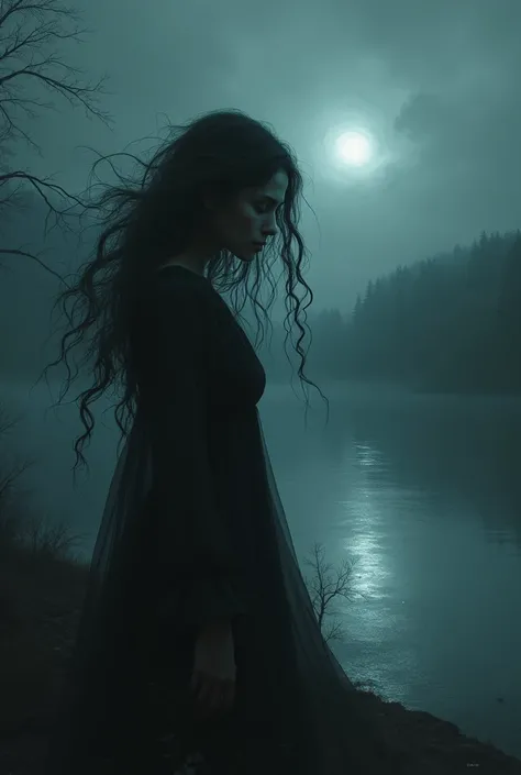 In a dimly lit, misty environment, a stunning woman stands at the edge of an eerie lake, her long hair swirling around her like tentacles. Her face contorts in anguish as she gazes out into the darkness, the weight of her emotions threatening to consume he...