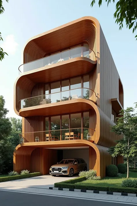 Modern 4-storey house in Vietnam. Combination of Lim wood and neoclassical style. With curved motifs.