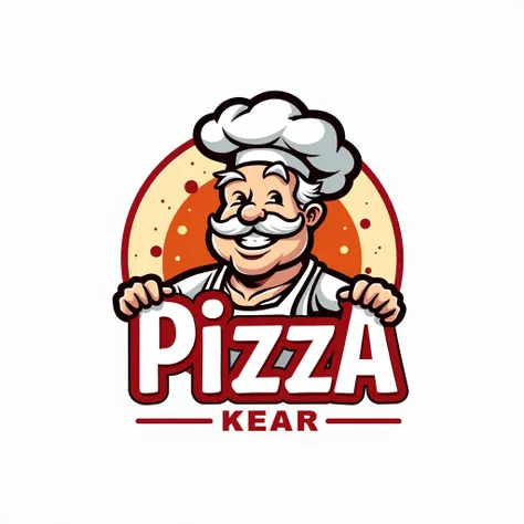 cartoonish, clean sharp edges,thick black outlines,blocky, a pizzeria logo that shows a balding old man, pizza chef with white hair, chef hat, apron, mustache, big smile,  the sign says "Shakys Pizza", white background