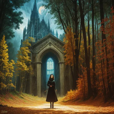 golden hour, paranormal activities, surreal portrait of a beautiful scared young woman with face of Audrey Hepburn morphed with Anne Hathaway screaming running away from taxes and dancing, colorful forrest with weird trees, cathedral made of trees, bambus ...