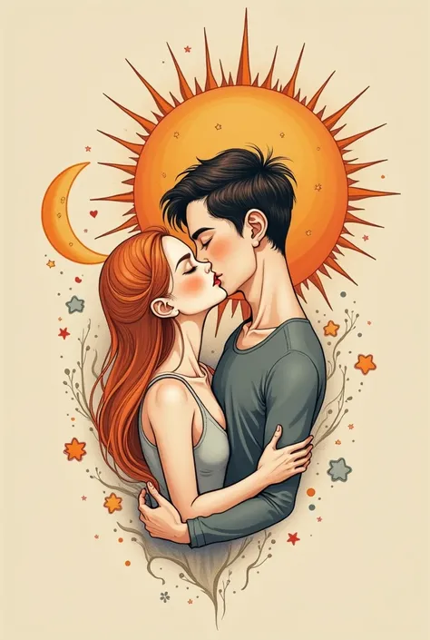 Create a tattoo design that depicts a romantic scene where a female figure, representing the Sun, and a male figure, symbolizing the Moon, are sharing a French kiss. The female Sun has simple, straight hair, and both figures have stylized, celestial featur...