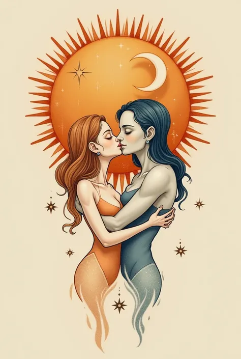 Create a tattoo design that depicts a romantic scene where a female figure, representing the Sun, and a male figure, symbolizing the Moon, are sharing a French kiss. The female Sun has simple, straight hair, and both figures have stylized, celestial featur...