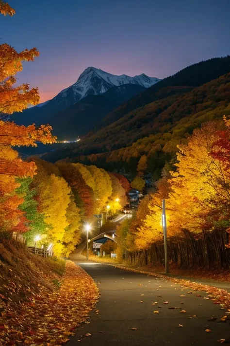 Mountain、autumn leaves、night