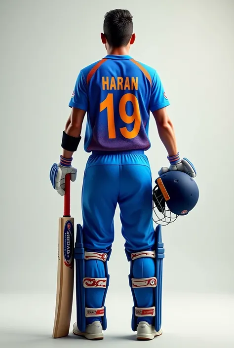 Give me a cricketer with the jersey number 19 and name haran written on the jersey, viewed from back, with helmet in one hand and bat in another hand, with both hands facing up, and Indian teams t20 jersey