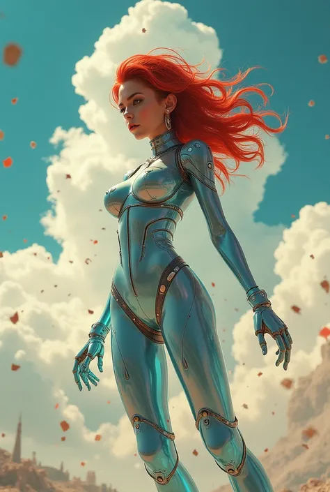 (Realistic) translucent skintight suit fashion model Cinematic PUNK ROCK cute red haired teen girl, ((Pole Dancer High Platform Shoes thick Heels)) with bouncing breasts in the style of Tony Sandoval and Geoff Darrow art. Fighting robots in the the clouds....