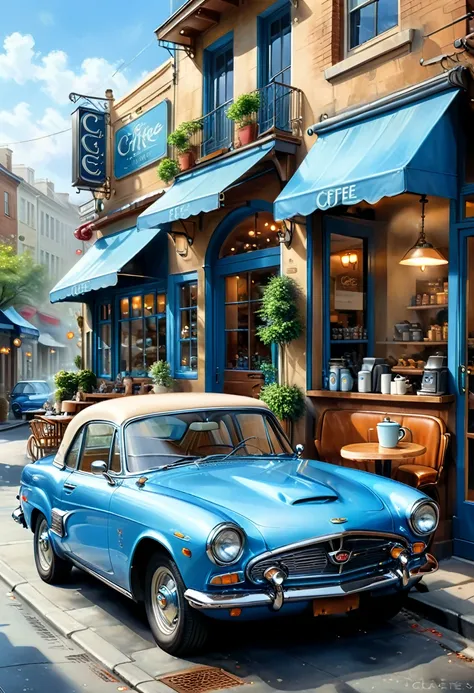   ( perfect anatomy )masterpiece, Exquisite, delicate, fresh and elegant aesthetic style airbrush digital oil painting exquisite artwork creates a refreshing morning coffee shop scene photo，

                    Blue classic car(Unique style)特寫Blue classic...