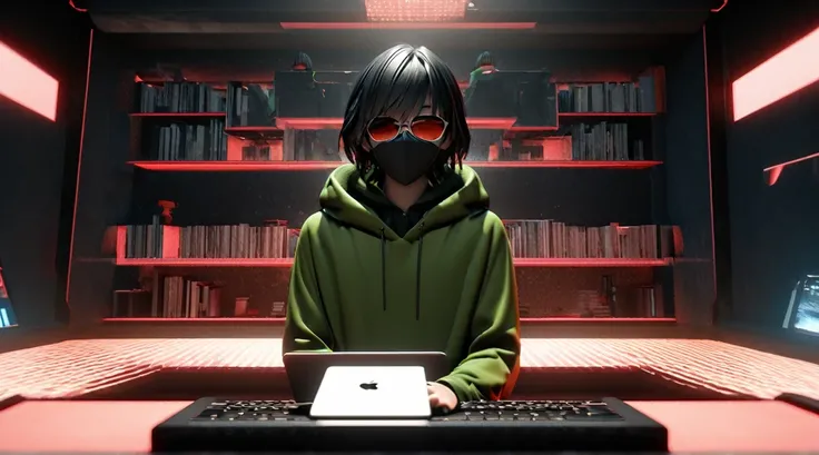 A stunning 3D render illustration of a young, confident man exuding intelligence and style black face mask, a green hoodie wearing a black sunglasses  . he is sitting behind his MacBook in his office, . It is night. The room has volumetric red lighting. He...