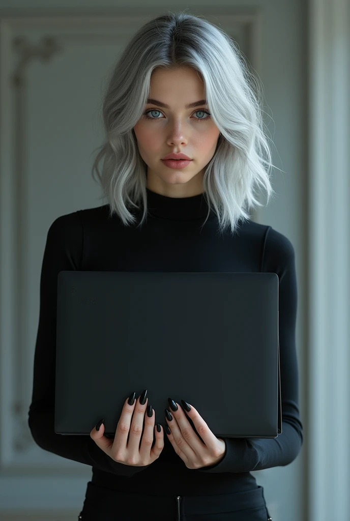 Young woman, holds a closed laptop in their hands, light gray hair, hair below the shoulders, blue shining eyes, in a black top and black pants, standing straight, graceful pose, black long sharp nails, looks straight into the camera, hyperrealism, realist...