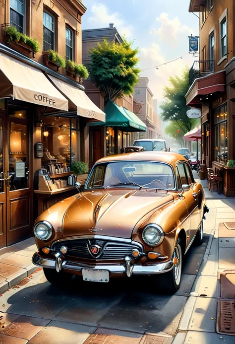   ( perfect anatomy )masterpiece, Exquisite, delicate, fresh and elegant aesthetic style airbrush digital oil painting exquisite artwork creates a refreshing morning coffee shop scene photo，

                   Brown classic car(Unique style)特寫Brown classi...