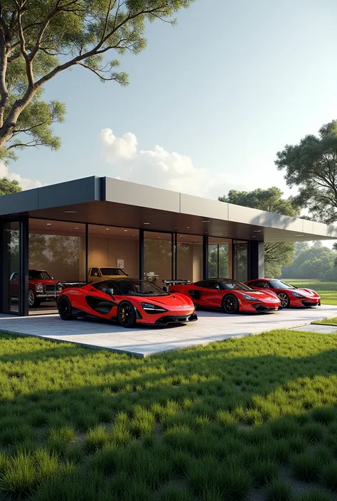 Create a garage in home field  with 5 supercar in it