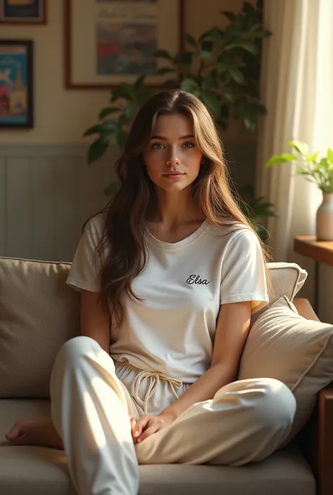 (photorealism:1.2), beautiful woman, sitting on sofa, wearing white t-shirts(text Elsa) and pajama pants, long hair, indoors, soft lighting, poster on the wall, window with sunlight, cozy room, relaxed pose, realistic, intricate details, warm colors