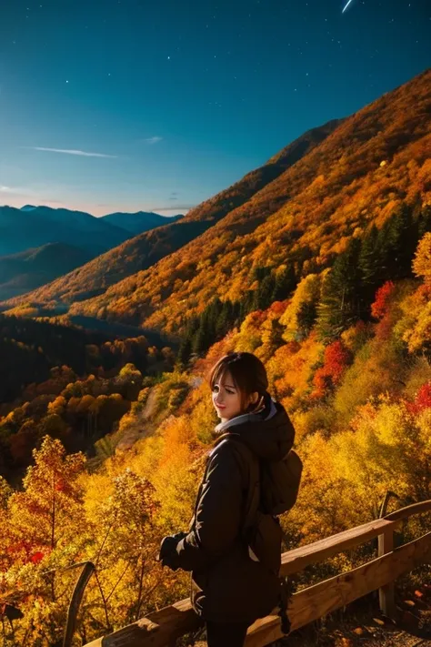 Mountain、autumn leaves、night