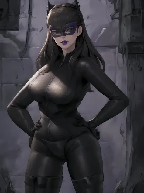 Bowei, catwoman, selina kyle, 1girl, full body, skinny body, skinny thighs, bodysuit, detail eyes, mask , solo, long hair, lips, black hair, black hair, black bodysuit , looking at viewer, simple background, gloves, black background, mole under mouth, eyes...