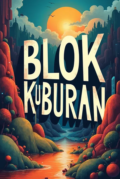 Create a poster that says BLOK KUBURAN with an ART Style scenery 