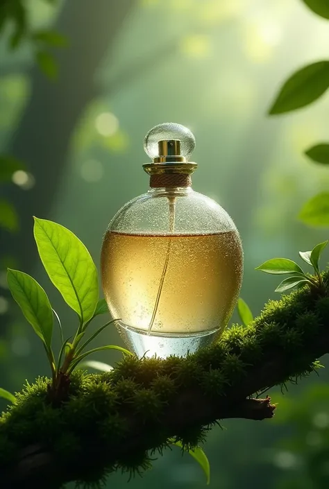 A bottle of perfume placed on a branch, outdoor scene shot, product shot