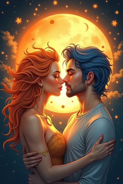 Here’s a detailed prompt for a tattoo design featuring a female sun and a male moon in a French kiss with both celestial bodies in the background:

"Design a tattoo where the sun is represented as a radiant female figure, with flowing rays like hair and a ...