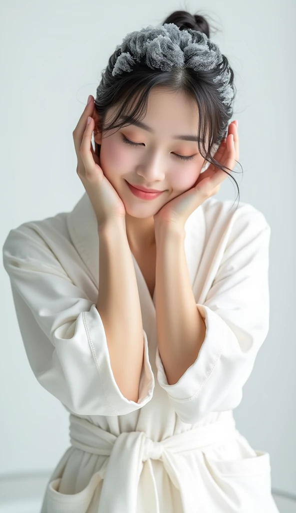 Create an Asian beauty，Regular facial features，Wearing a white satin bathrobe，Scratch your scalp with both hands，Two hands washing hair on top of head，There is a lot of foam and water on the head，Foam wrap head，Real bubbles，Open your eyes，The expression is...