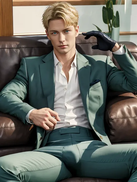 Loyd_forge, 独奏, looking at viewer, short hair, Blue eyes, blonde hair, Full chest muscles, gloves, 1boy, sitting, jacket, white shirt, male focus, black gloves, pants, indoors, spread legs, open jacket, muscular, formal, abs, cat, suit, pectorals, big huge...