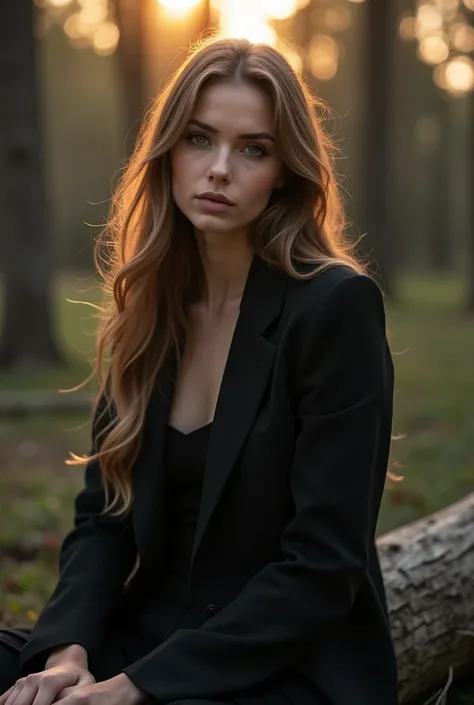 long light brown hair, beautiful Slavic woman with white skin and light transparent eyes, long hair, dressed in a black stylish suit, sits in a spruce forest on felled trees, early morning, the courtyard of a rural house, the suns rays and glare fall on he...