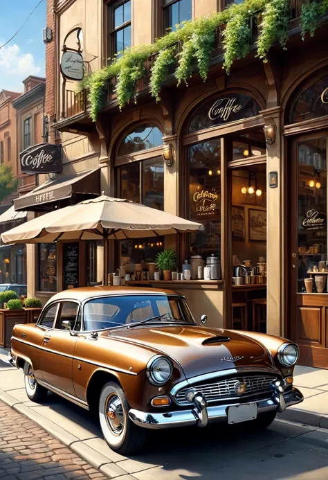   ( perfect anatomy )masterpiece, Exquisite, delicate, fresh and elegant aesthetic style airbrush digital oil painting exquisite artwork creates a refreshing morning coffee shop scene photo，

                   Brown classic car(Unique style)特寫Brown classi...