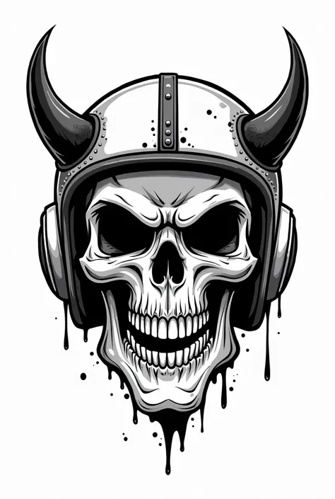 Silly Angry evil Skull in a racing helmet logo, with devil horn, traditional tattoo style, black and white, white background, hardcore, deathwish, ornement, more cartoon