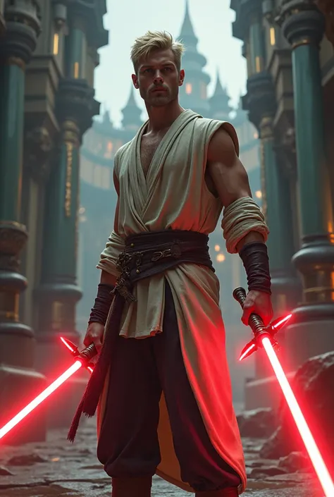 A muscular young man in traditional clothing, blonde hair, Blonde short beard, long pants, magical castle, detailed face, highly detailed, 8k, photorealistic, dramatic lighting, fantasy, cinematic, lush colors, intricate details, Red lightsaber