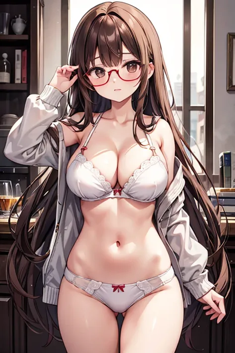 Long brown hair，Brown eyes，Glasses，，3-piece bra，underwear、Large Breasts