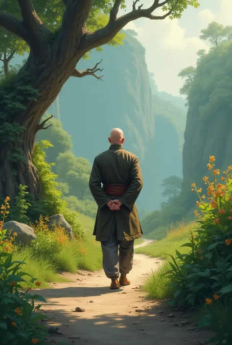 Bald Man, facing right, hands folded behind his back, walking down a path. 