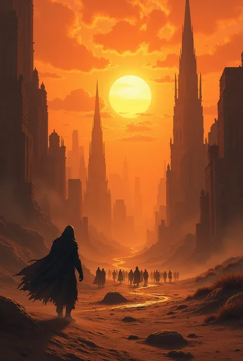 an arid, sultry city, like a desert. murderously hot and painful as hell. Dark fantasy style. 