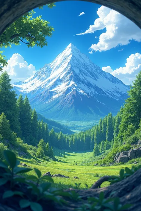 "Create a hyper-realistic image of a vibrant and scenic landscape as seen through a lens, resembling a Pokémon ball. The scene should feature a vivid blue sky with fluffy white clouds, snow-capped mountains in the background, and a lush green forest in the...